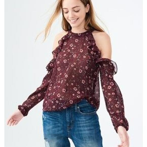 Cold Shoulder Maroon Floral Blouse - Picture 1 of 5